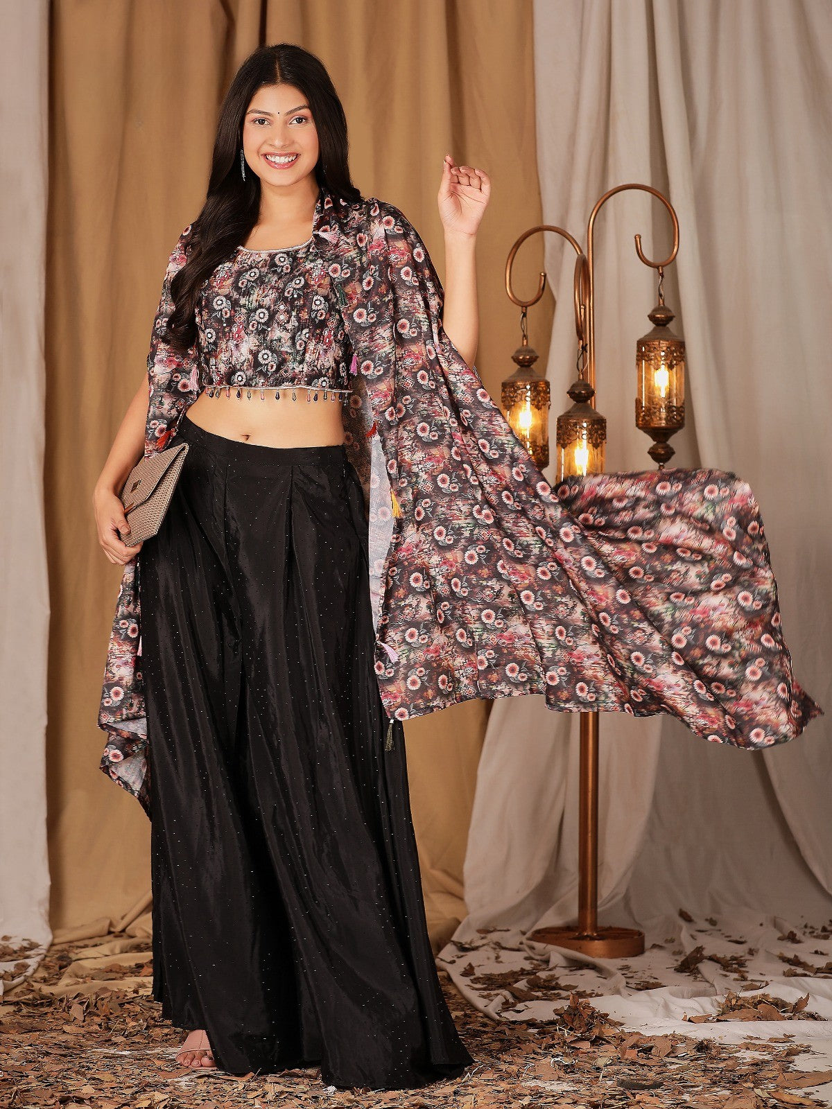 Readymade Crop Top & Palazzo With Embossed Embroidery & Hand Crafted Cape