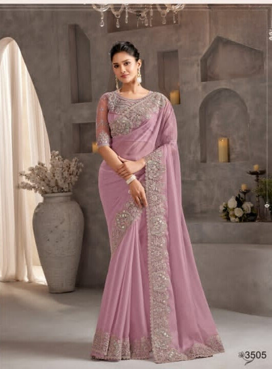 Shimmering Silk Georgette Fabric Lace Border Work Chiffon Saree