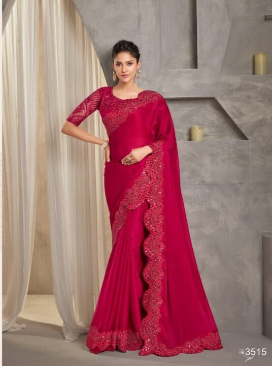 Shimmering Silk Georgette Fabric Lace Border Work Chiffon Saree