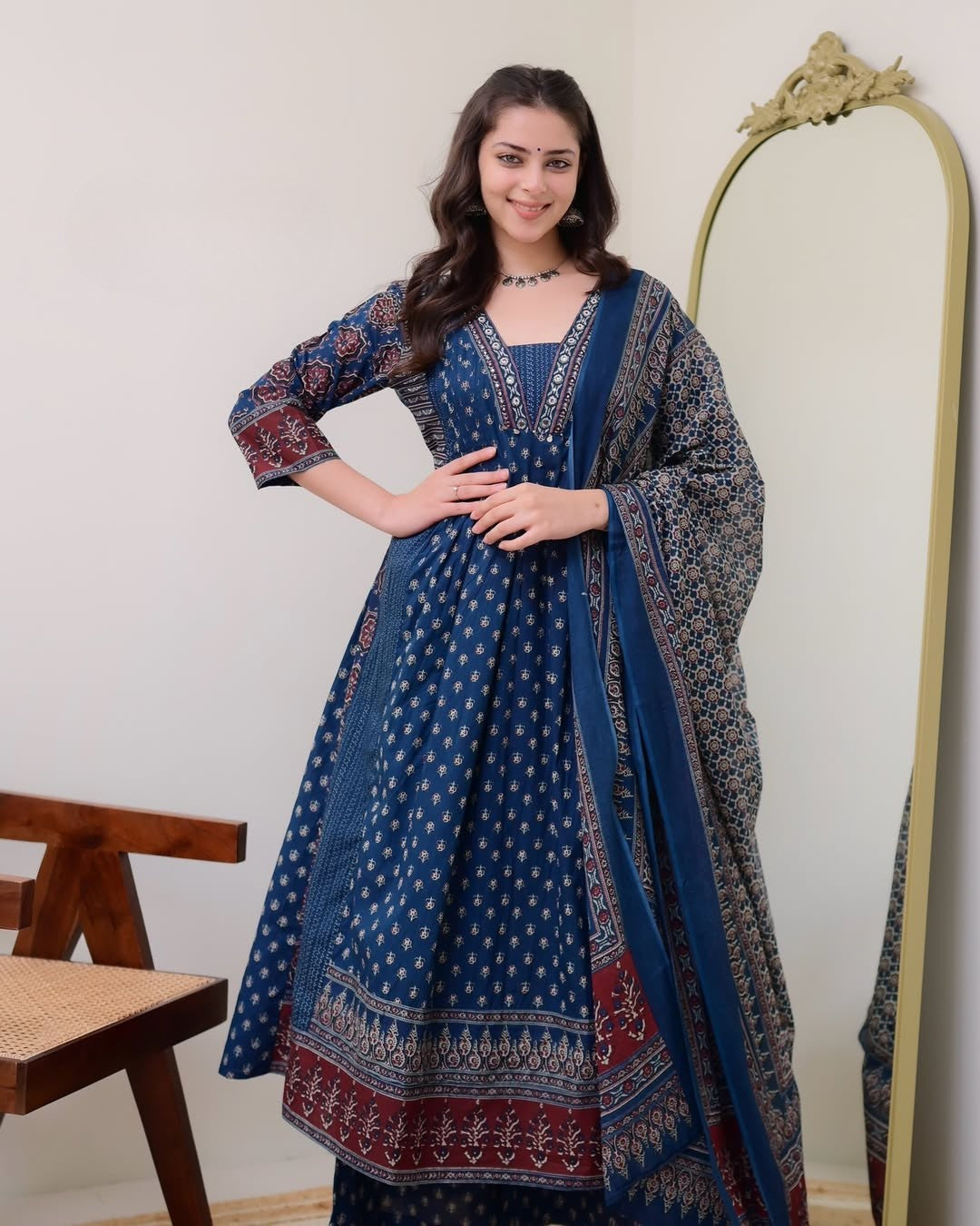 Blue Printed Anarkali Kurta Palazzo & Dupatta