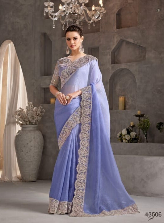 Shimmering Silk Georgette Fabric Lace Border Work Chiffon Saree