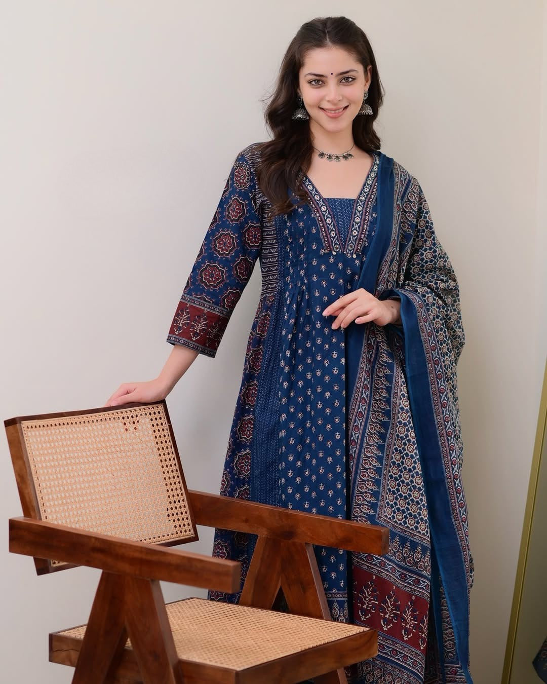 Blue Printed Anarkali Kurta Palazzo & Dupatta