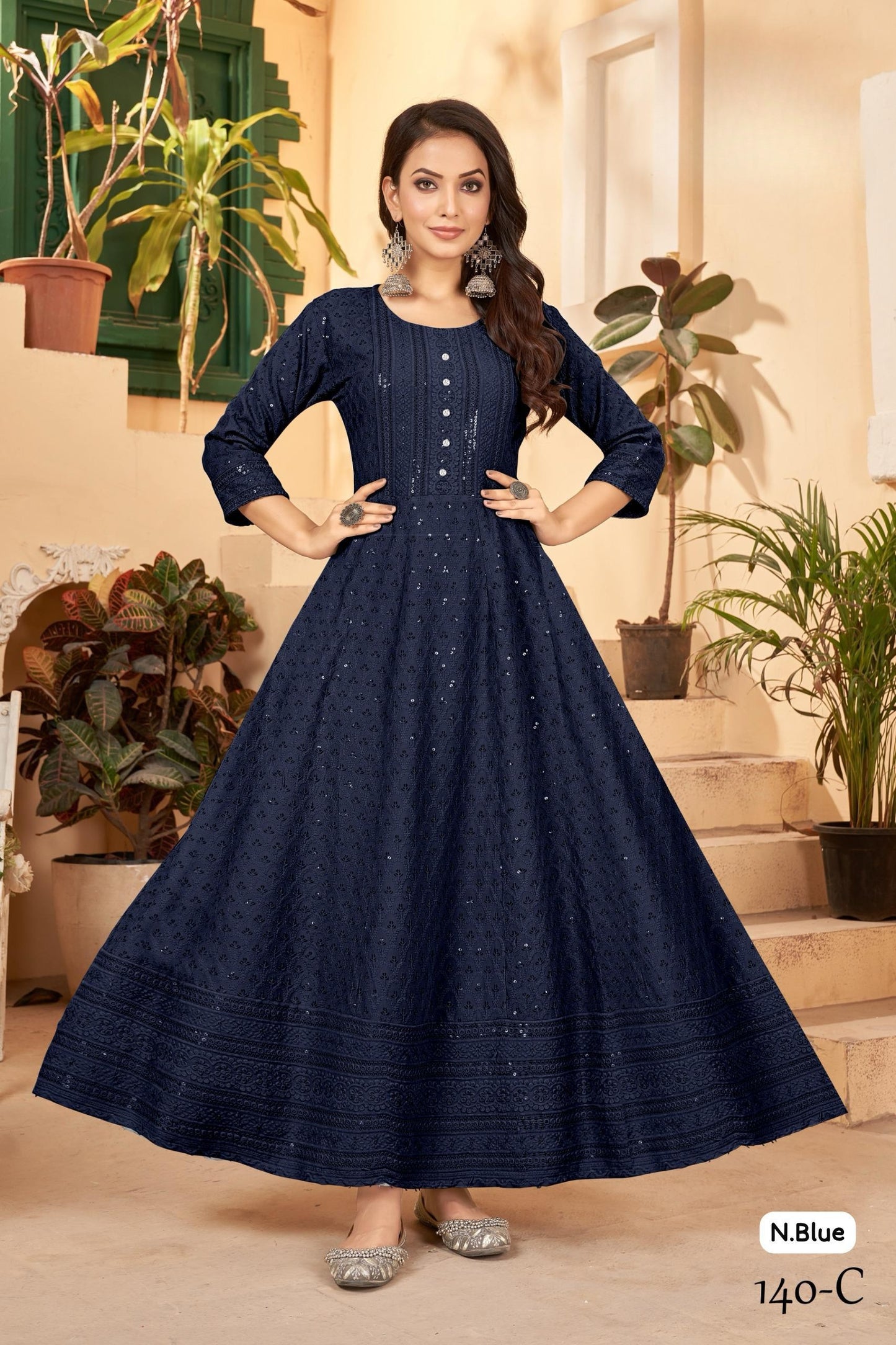 Heavy Rayon With Chikankari Work & Sequins Anarkali Gown