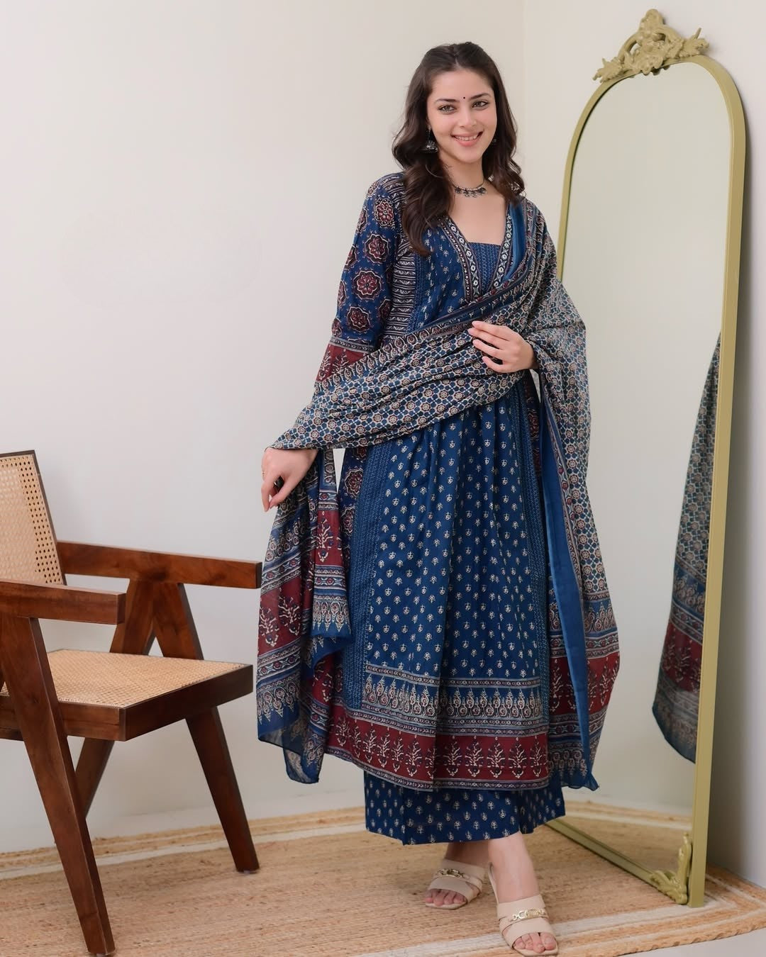 Blue Printed Anarkali Kurta Palazzo & Dupatta