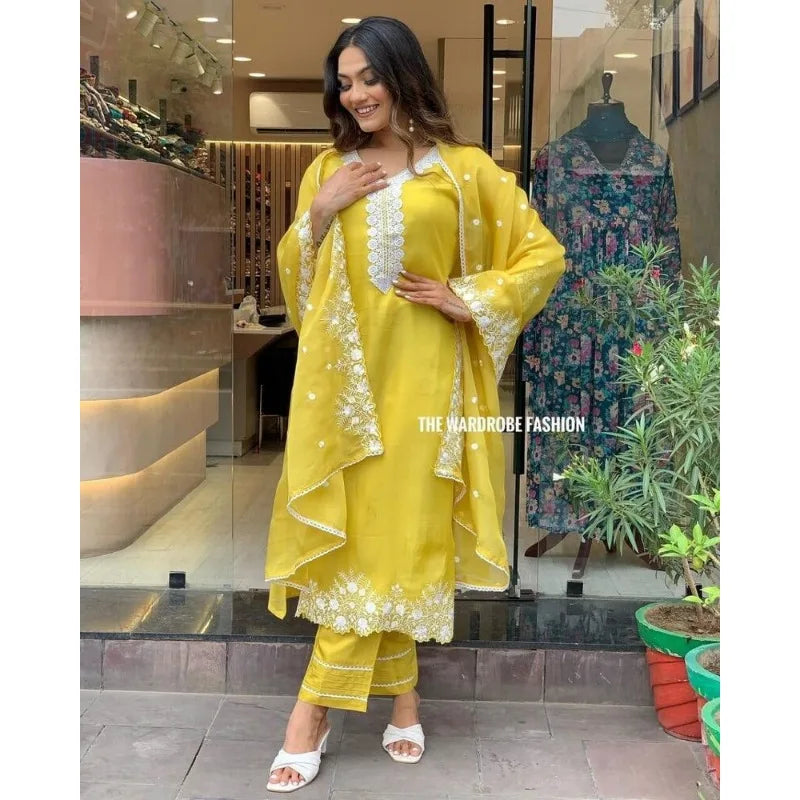 Heavy Embroidery Work Yellow Straight Kurti Pant & Dupatta