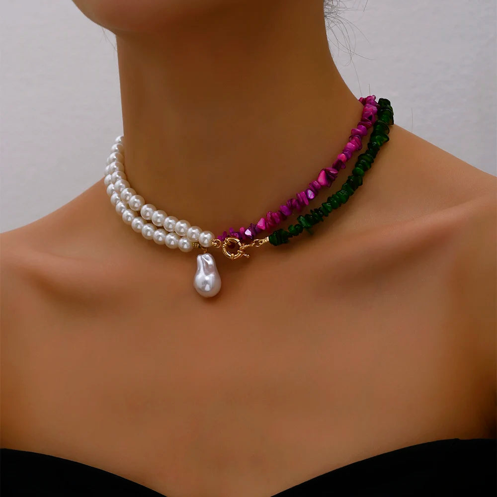 Imitation Pearl Green Rose Color Stone Necklace