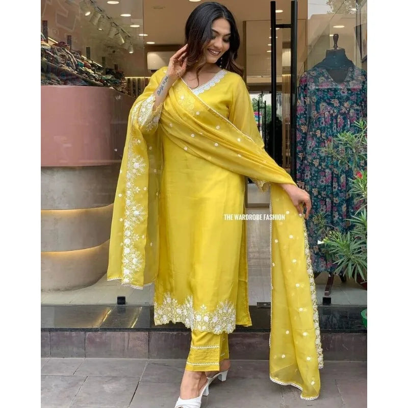 Heavy Embroidery Work Yellow Straight Kurti Pant & Dupatta