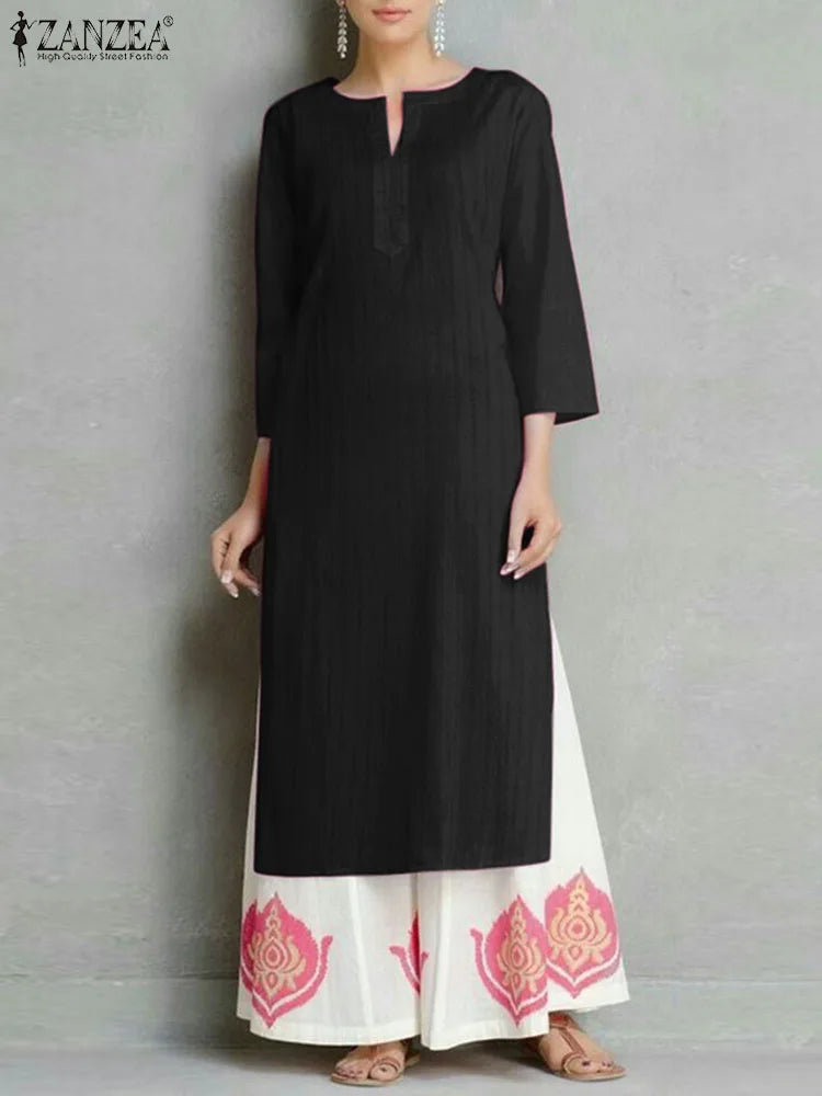 Midi Dress Women Round Neck Retro High Splited Robe