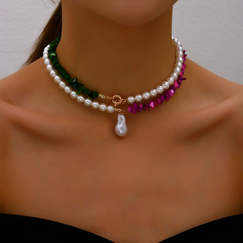 Imitation Pearl Green Rose Color Stone Necklace