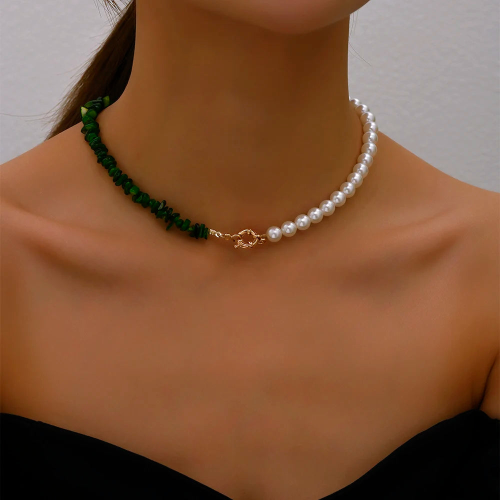 Imitation Pearl Green Rose Color Stone Necklace