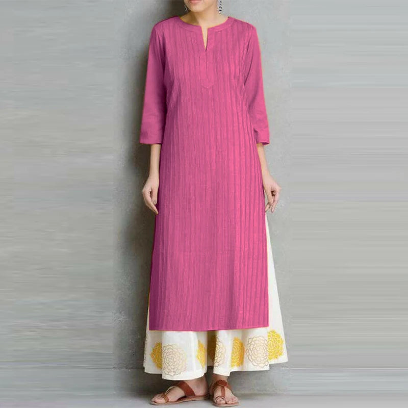 Midi Dress Women Round Neck Retro High Splited Robe