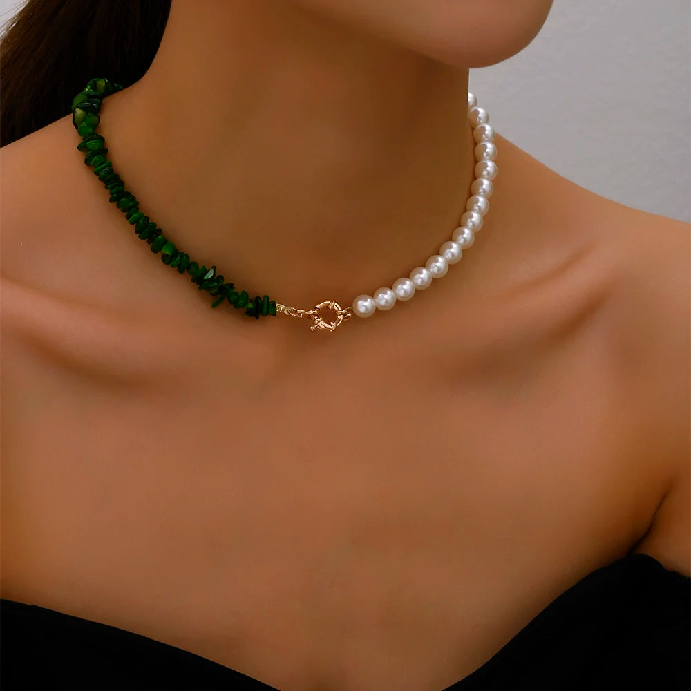 Imitation Pearl Green Rose Color Stone Necklace