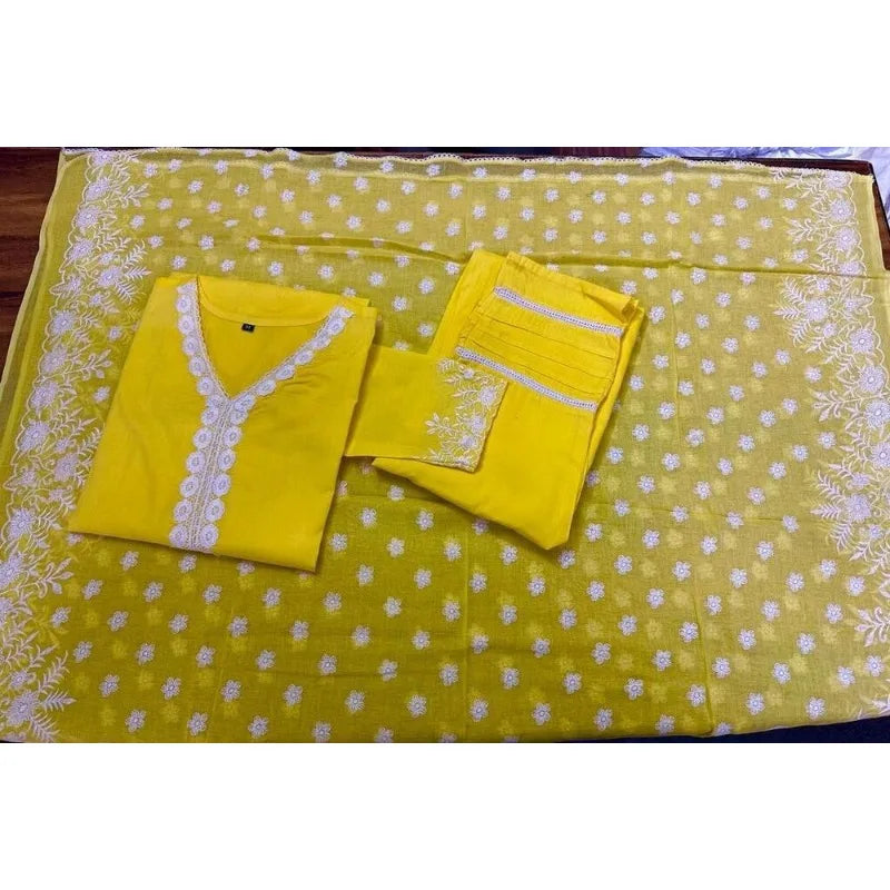 Heavy Embroidery Work Yellow Straight Kurti Pant & Dupatta