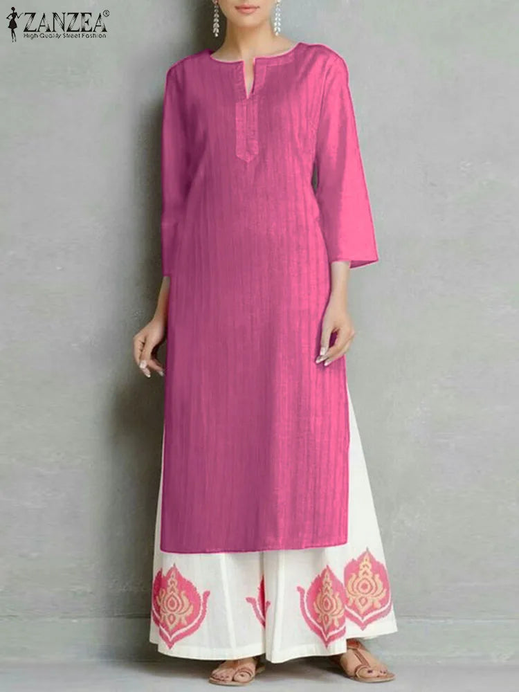 Midi Dress Women Round Neck Retro High Splited Robe