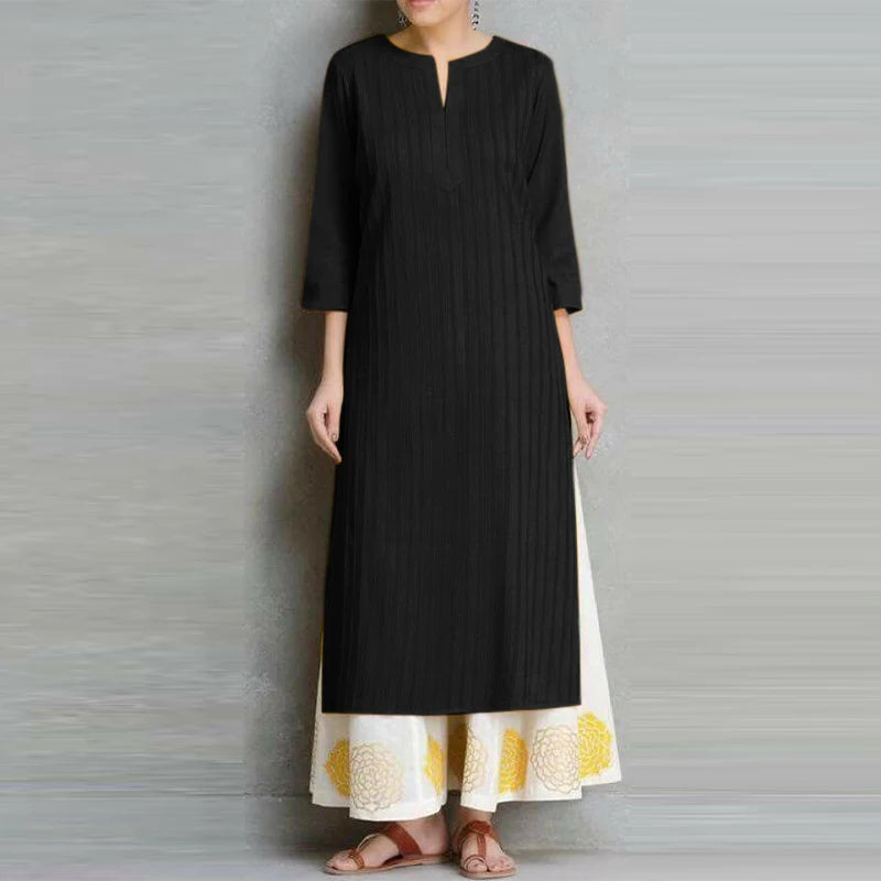 Midi Dress Women Round Neck Retro High Splited Robe