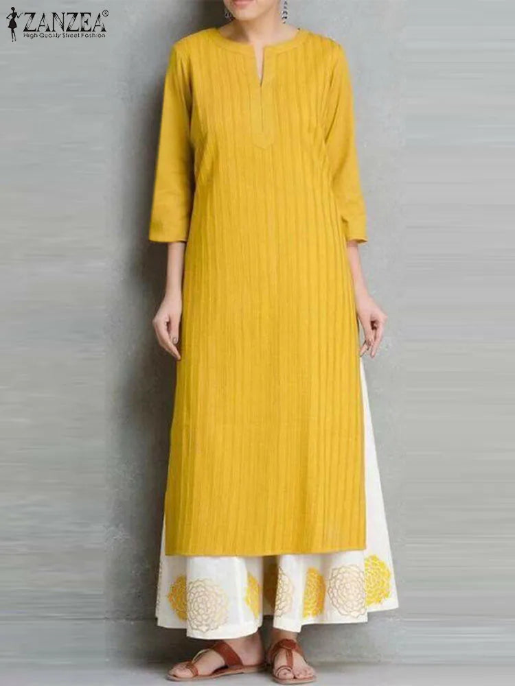 Midi Dress Women Round Neck Retro High Splited Robe