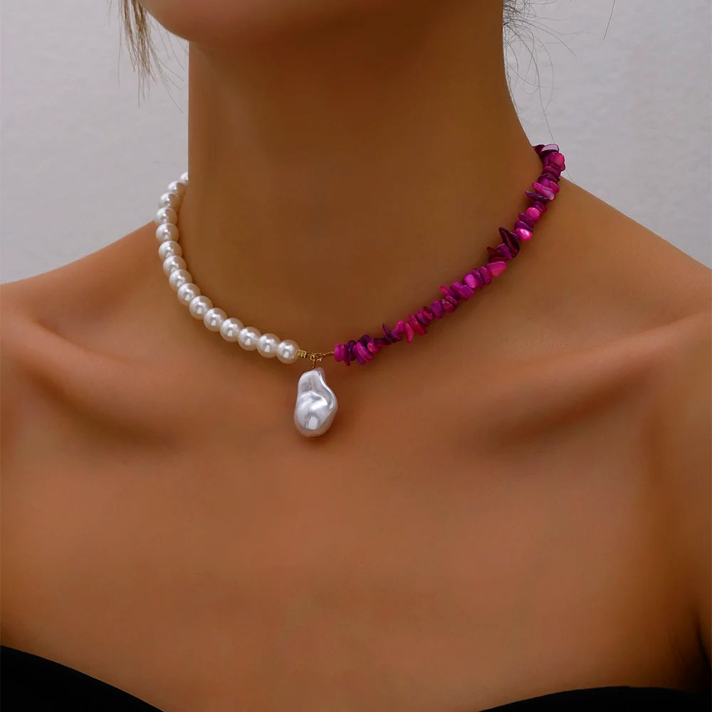 Imitation Pearl Green Rose Color Stone Necklace