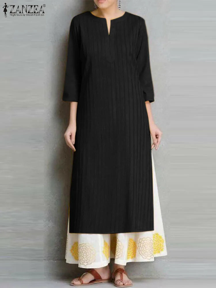 Midi Dress Women Round Neck Retro High Splited Robe