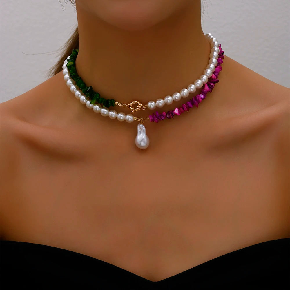 Imitation Pearl Green Rose Color Stone Necklace