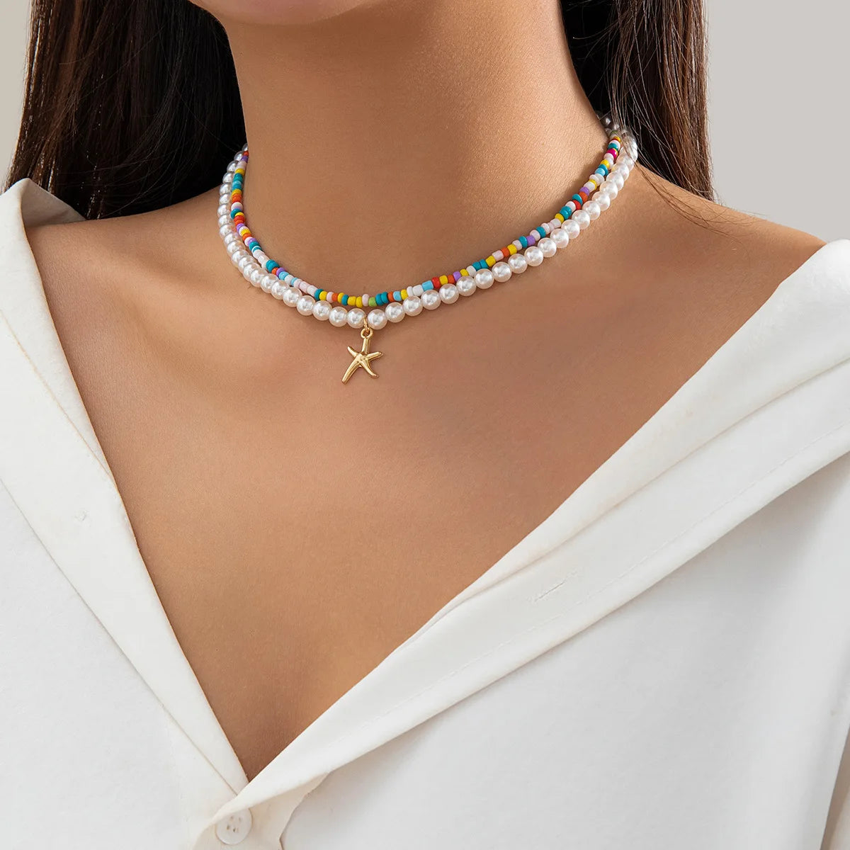 Imitation Pearl Green Rose Color Stone Necklace