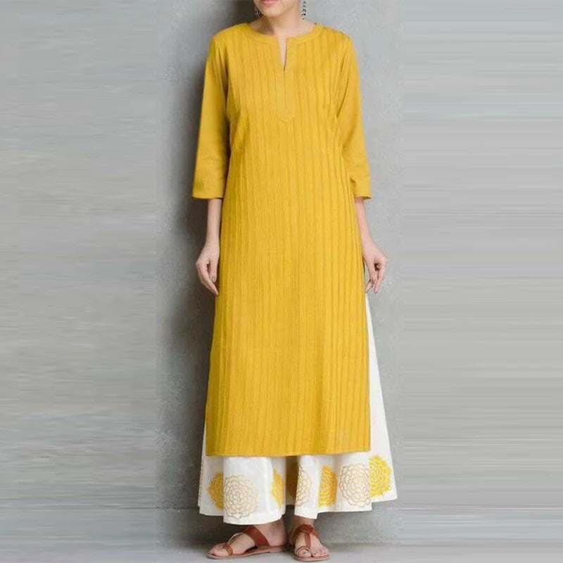 Midi Dress Women Round Neck Retro High Splited Robe