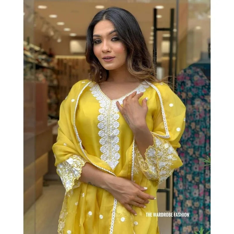 Heavy Embroidery Work Yellow Straight Kurti Pant & Dupatta