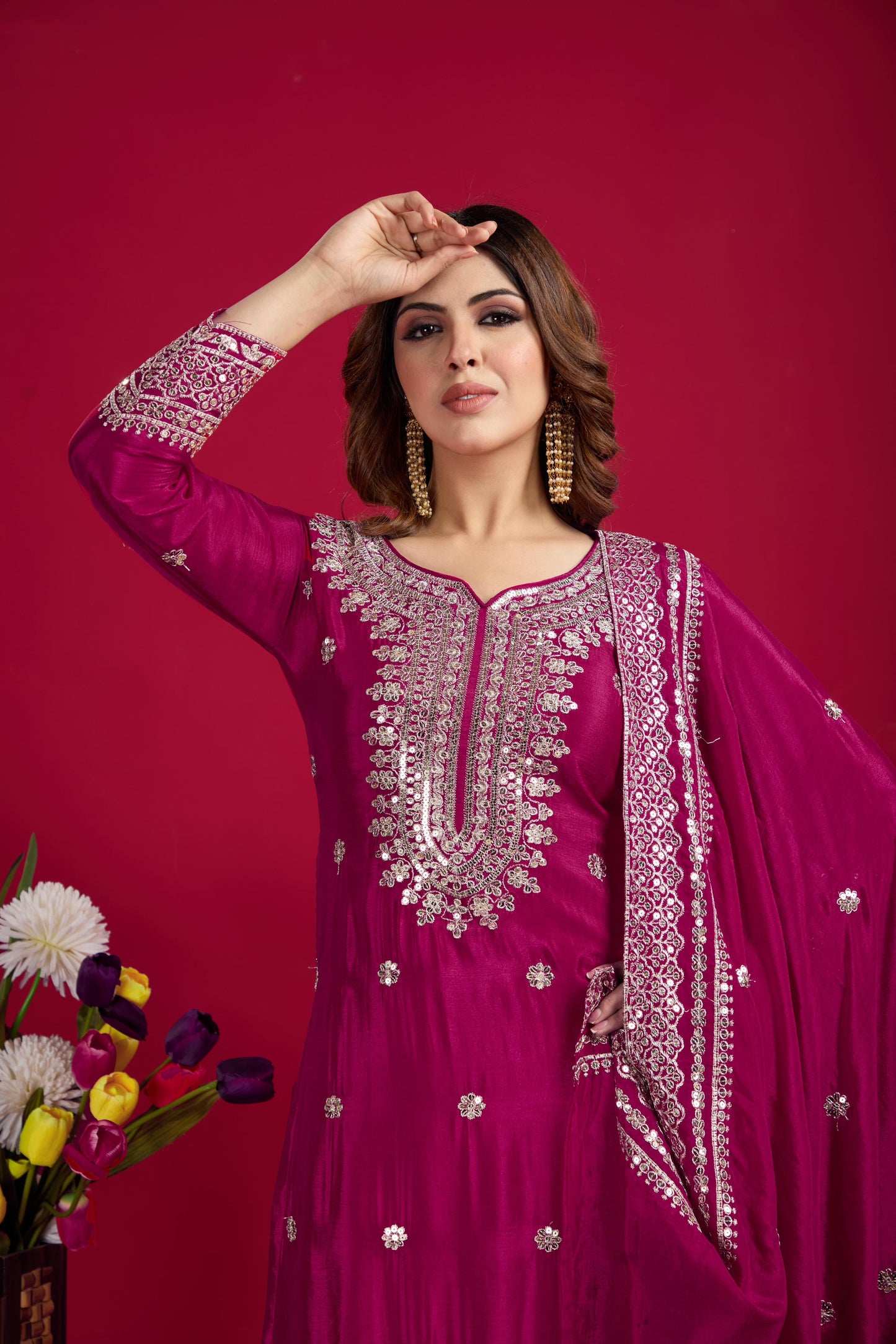 Pure Heavy Chinnon Silk With Embroidery Palazzo Suit With Dupatta