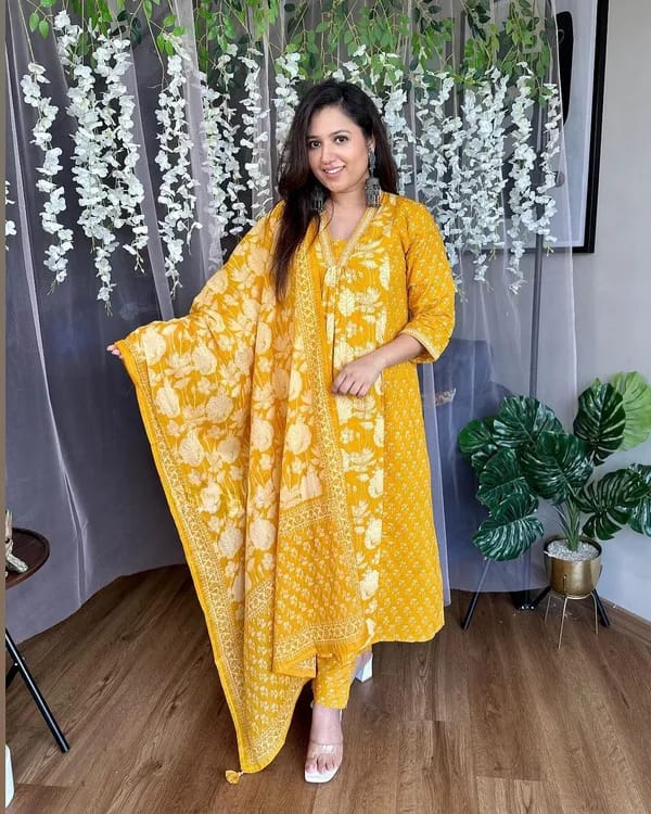 Cotton Yellow Anarkali Dupatta Set