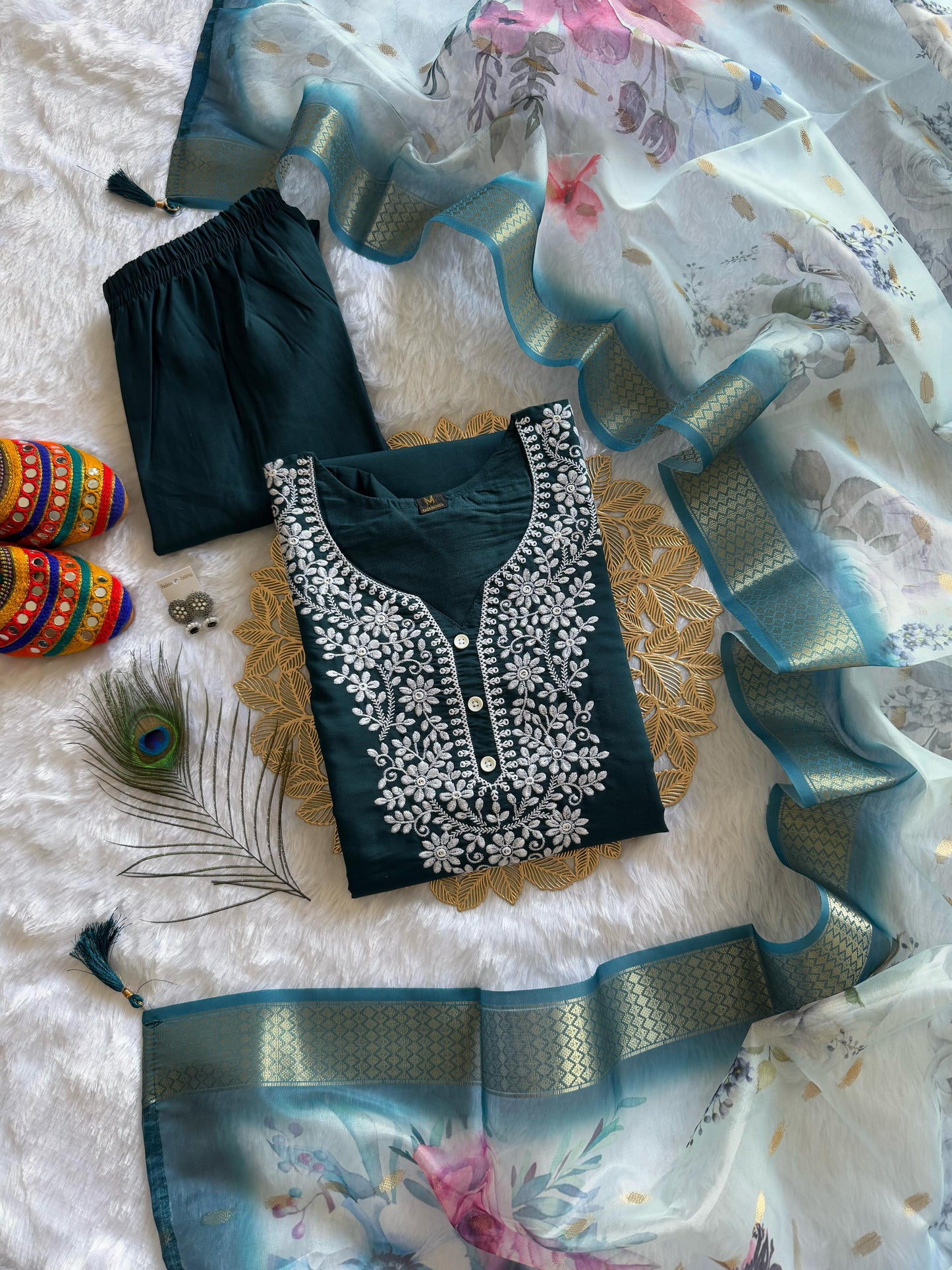 Roman Silk Embroidered Kurti,Pant & Organza Dupatta Set