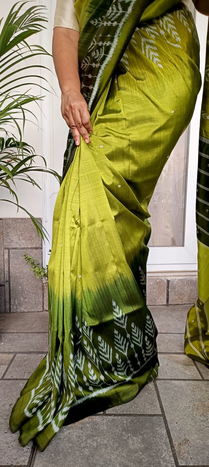 Lemmon yellow mehandi green combination 3D Tree Design Khandua Silk Saree