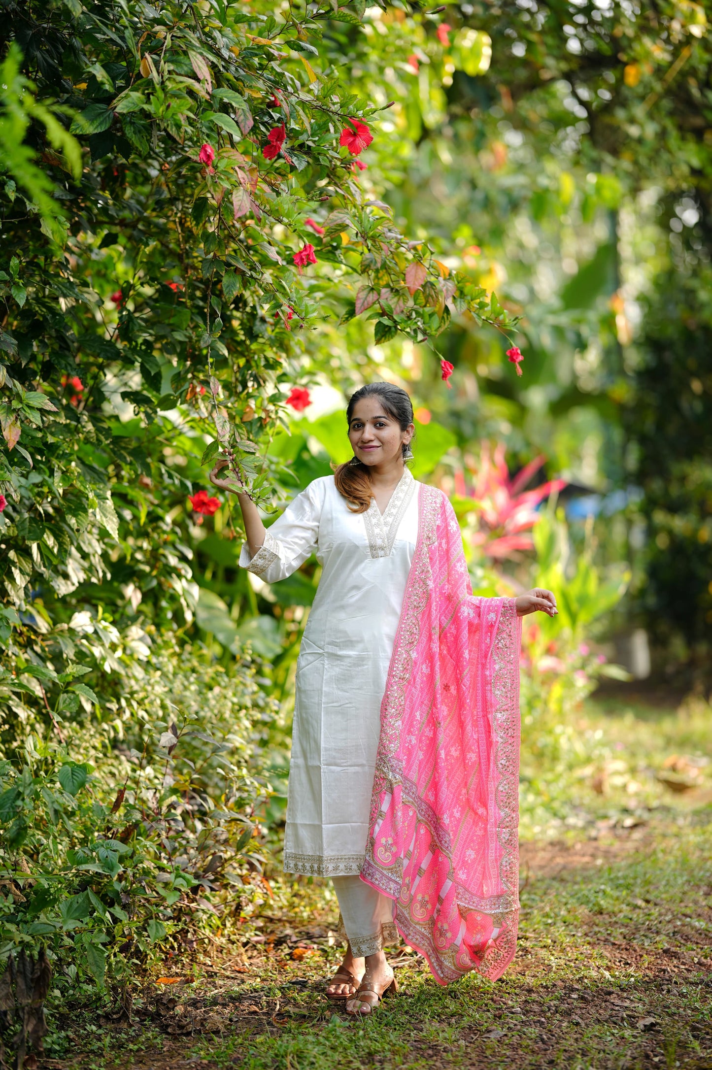 White & Pink Chanderi Embroidery Worked Kurta Set