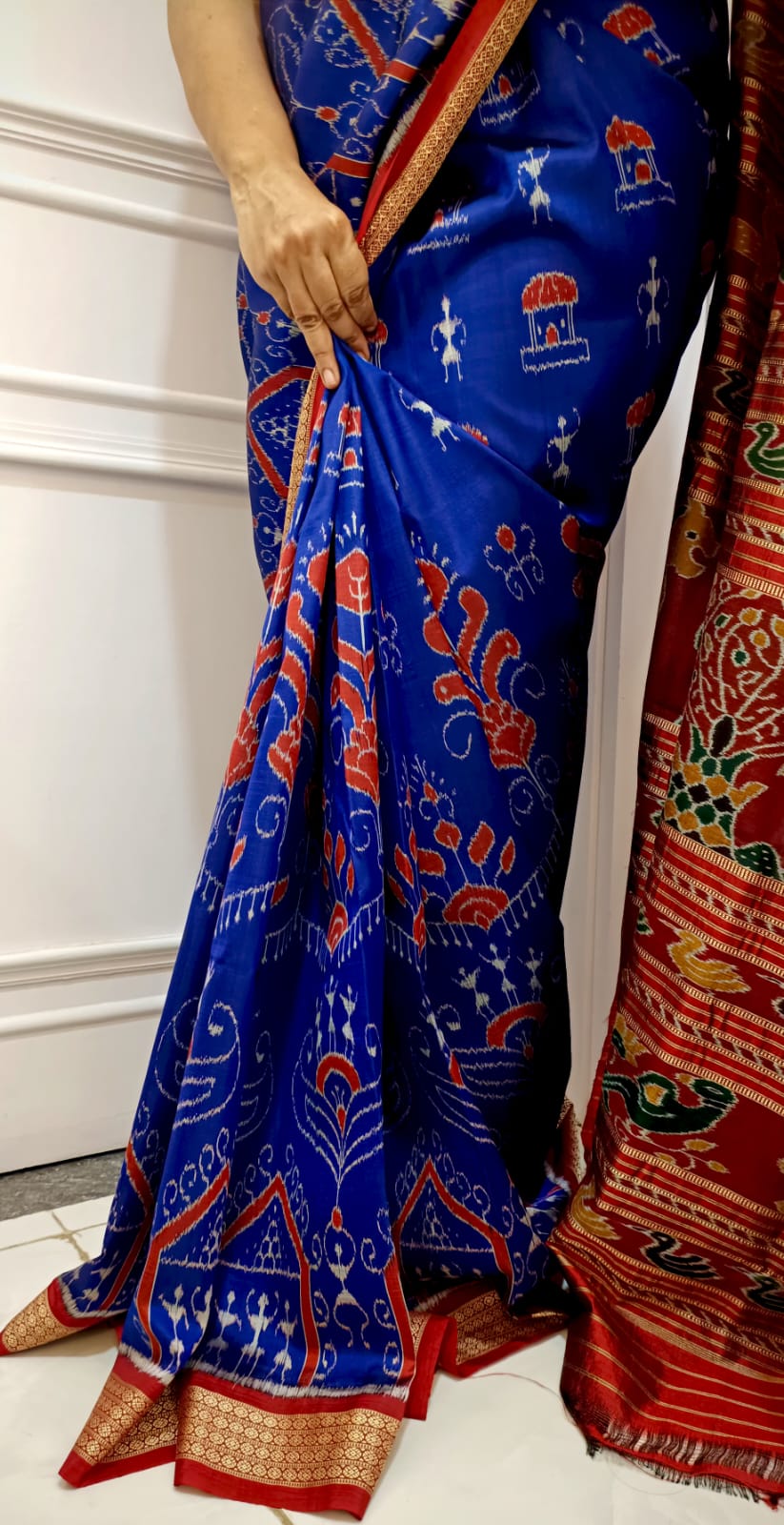 Blue Body With Red Bomkai Border Home Tribal Design Khandua Silk Saree