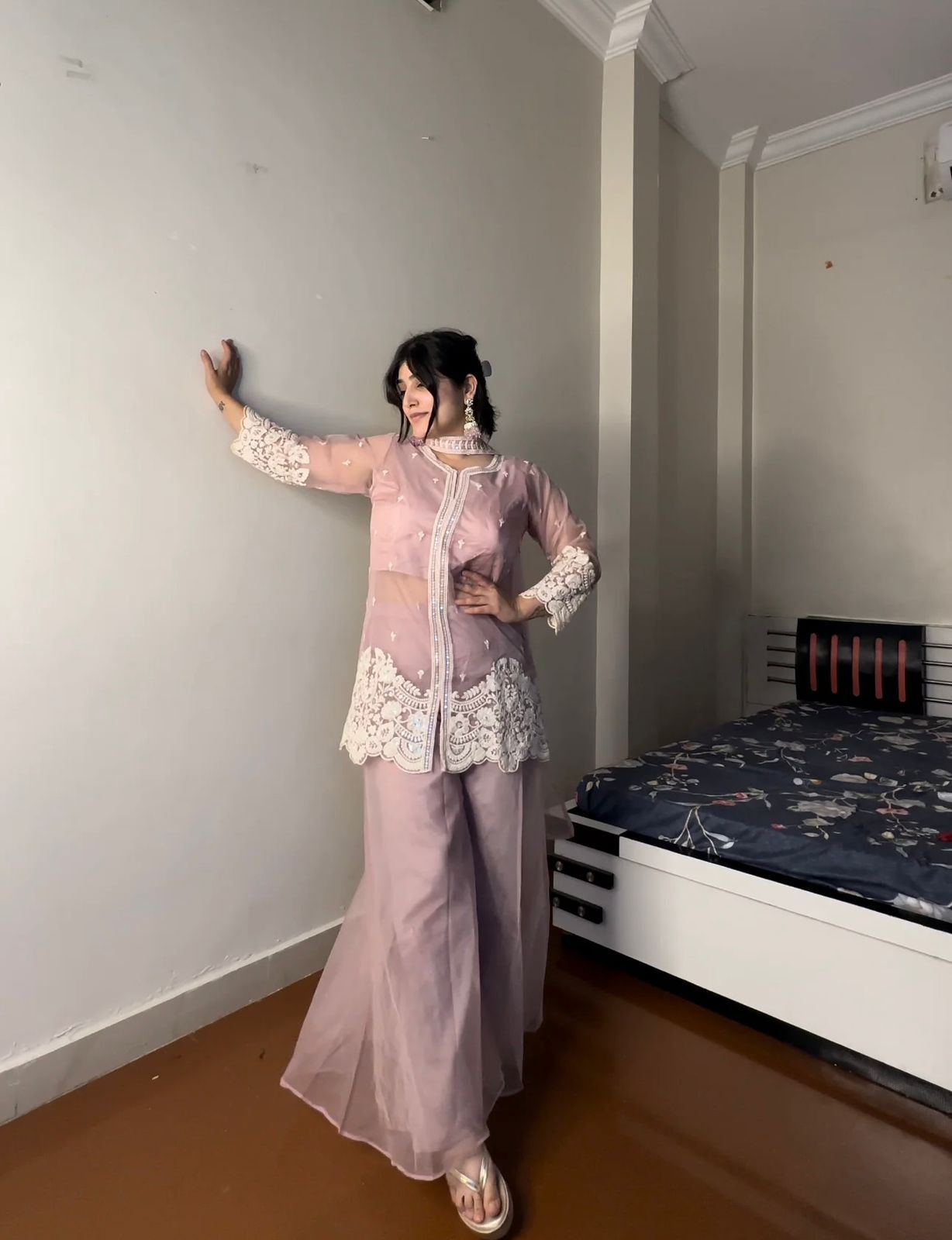 Indo-Western Soft Organza With Sequence Work Palazzo Suit