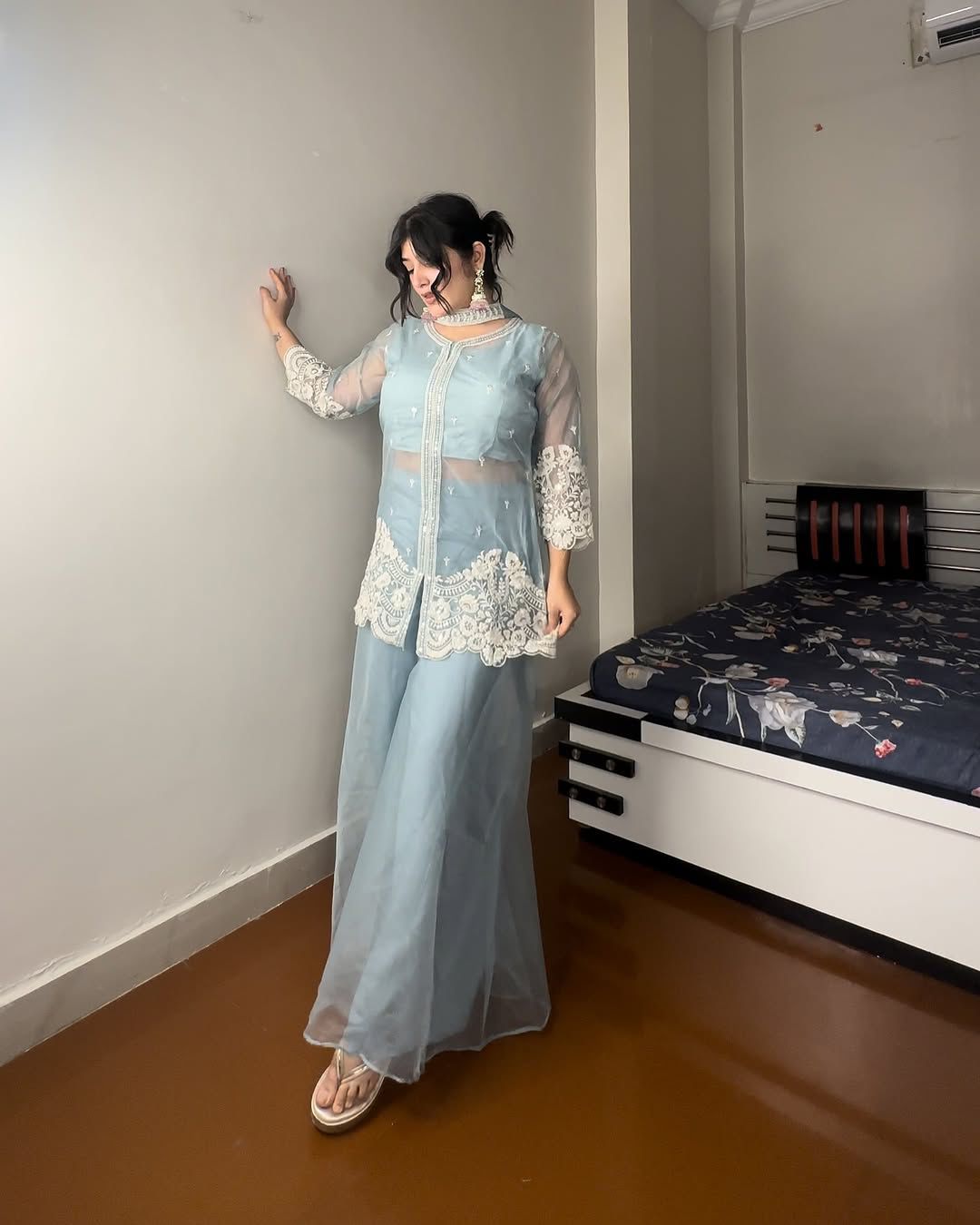 Indo-Western Soft Organza With Sequence Work Palazzo Suit