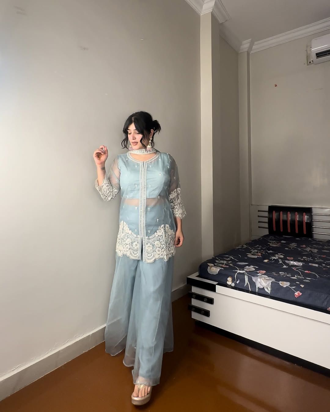 Indo-Western Soft Organza With Sequence Work Palazzo Suit