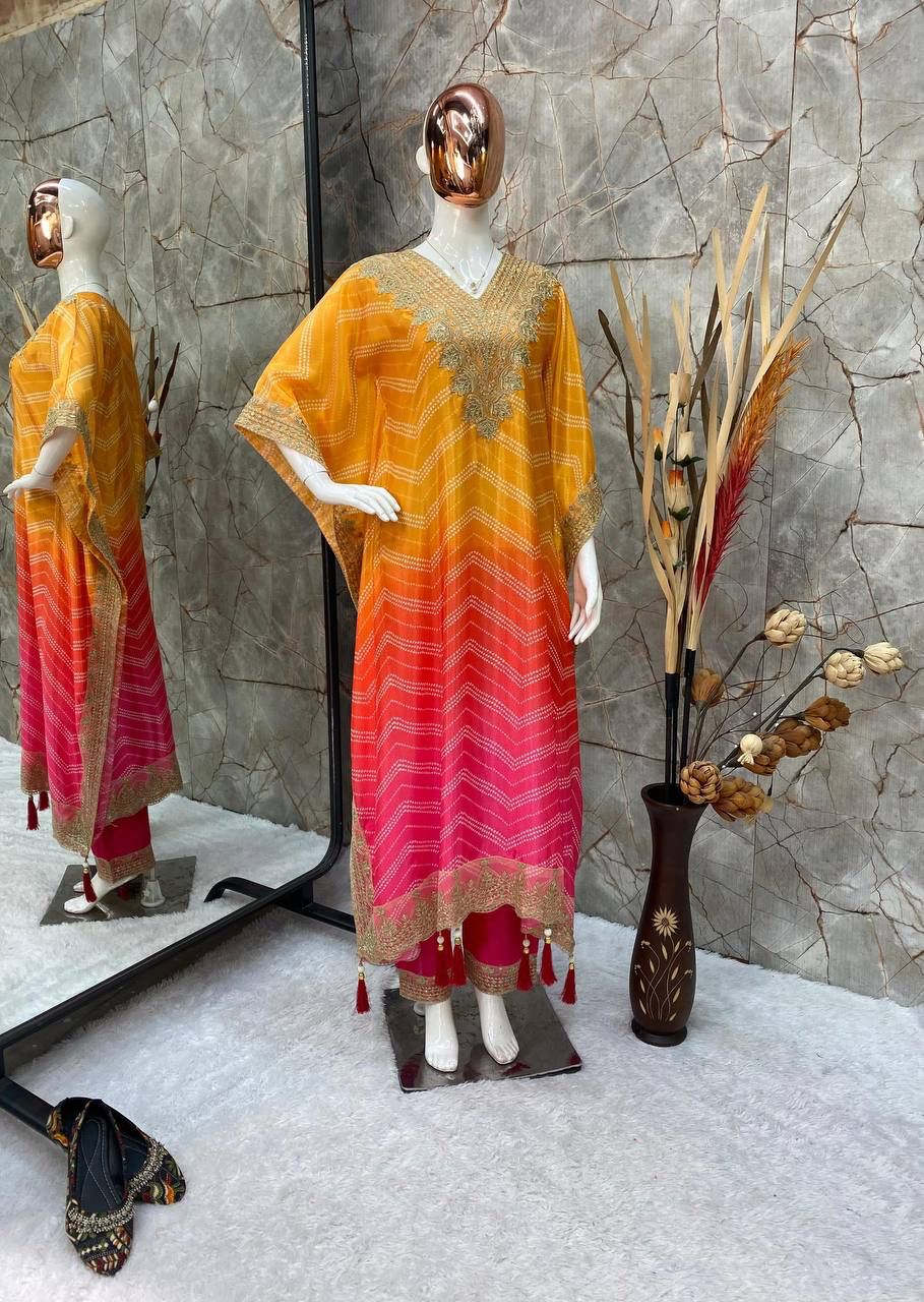 Bandhani Print With Sequence Embroidery Work Kaftan