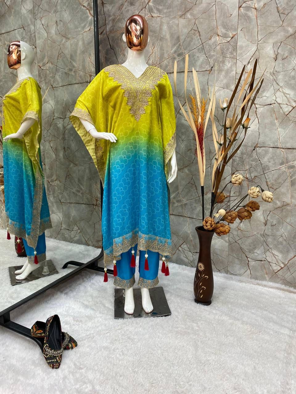 Bandhani Print With Sequence Embroidery Work Kaftan