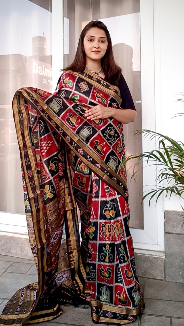 Black Single Pasapali Border With Box Nabakoti Design KHandua Silk Saree