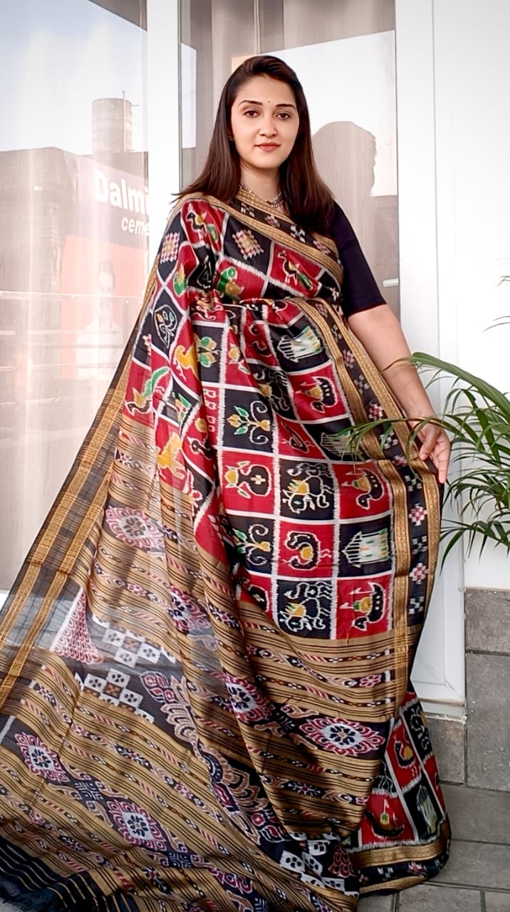Black Single Pasapali Border With Box Nabakoti Design KHandua Silk Saree