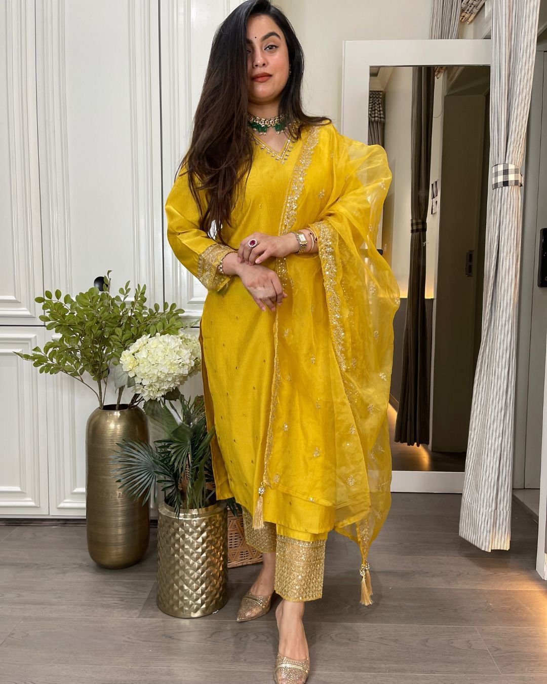 Yellow Roman Silk Embroidery Sequence Salwar Suit
