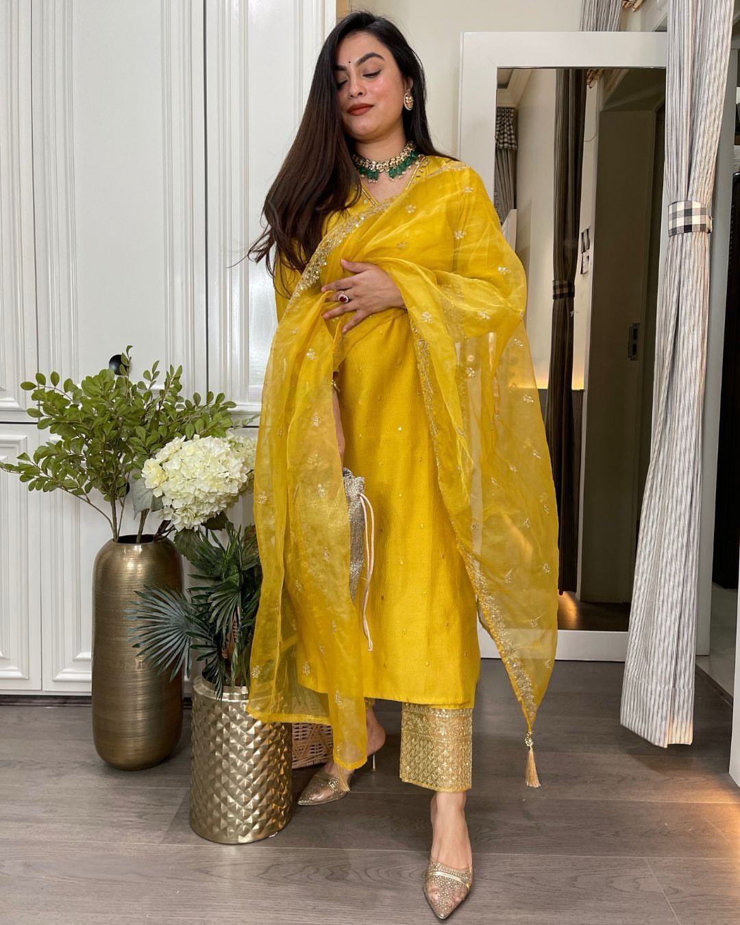 Yellow Roman Silk Embroidery Sequence Salwar Suit