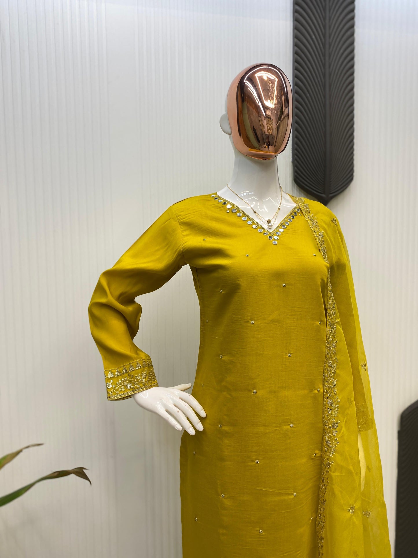 Yellow Roman Silk Embroidery Sequence Salwar Suit