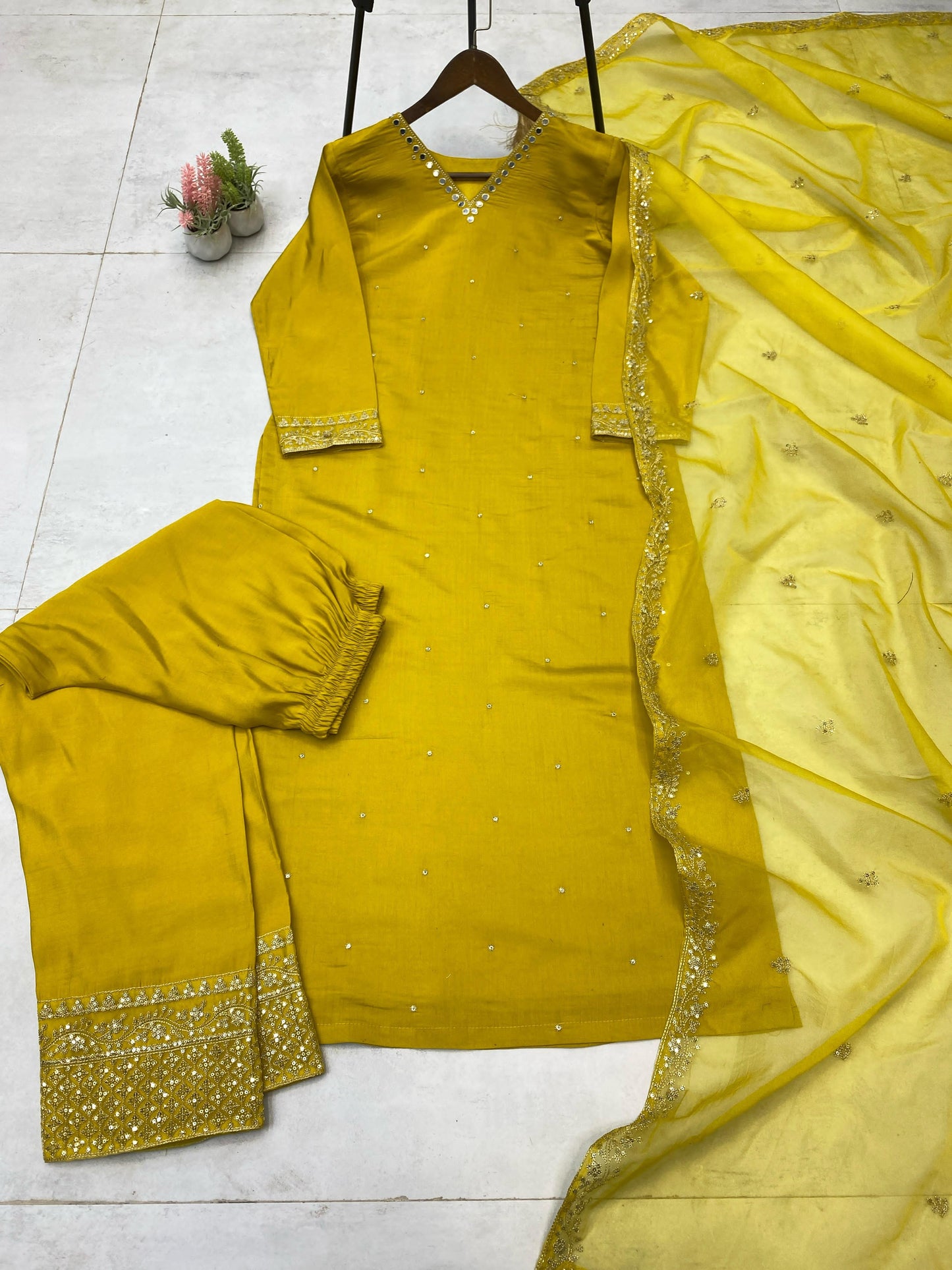 Yellow Roman Silk Embroidery Sequence Salwar Suit