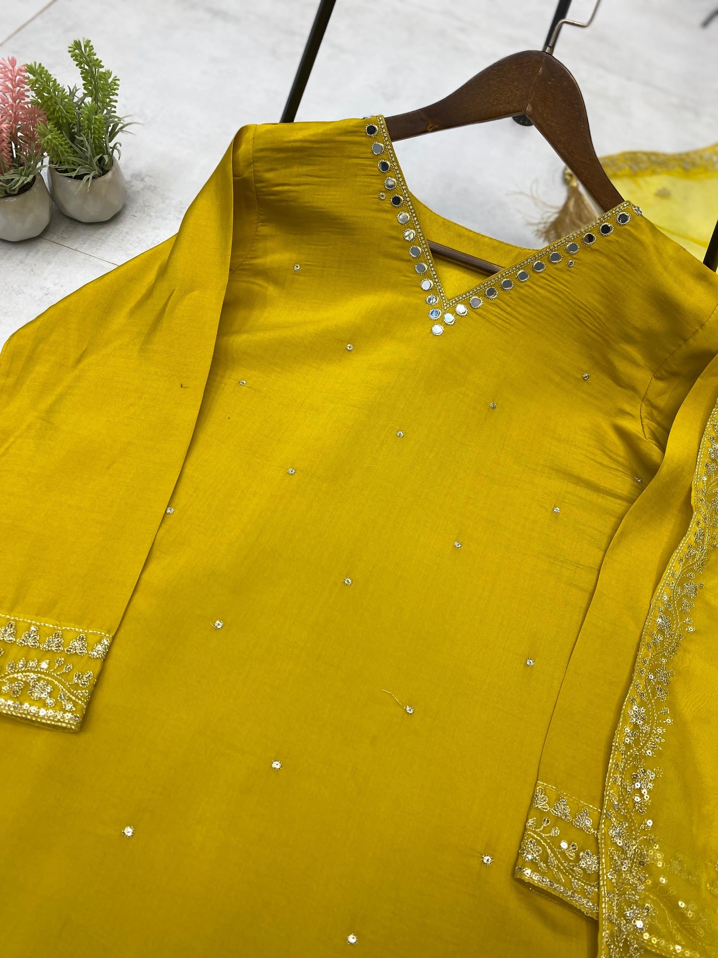 Yellow Roman Silk Embroidery Sequence Salwar Suit