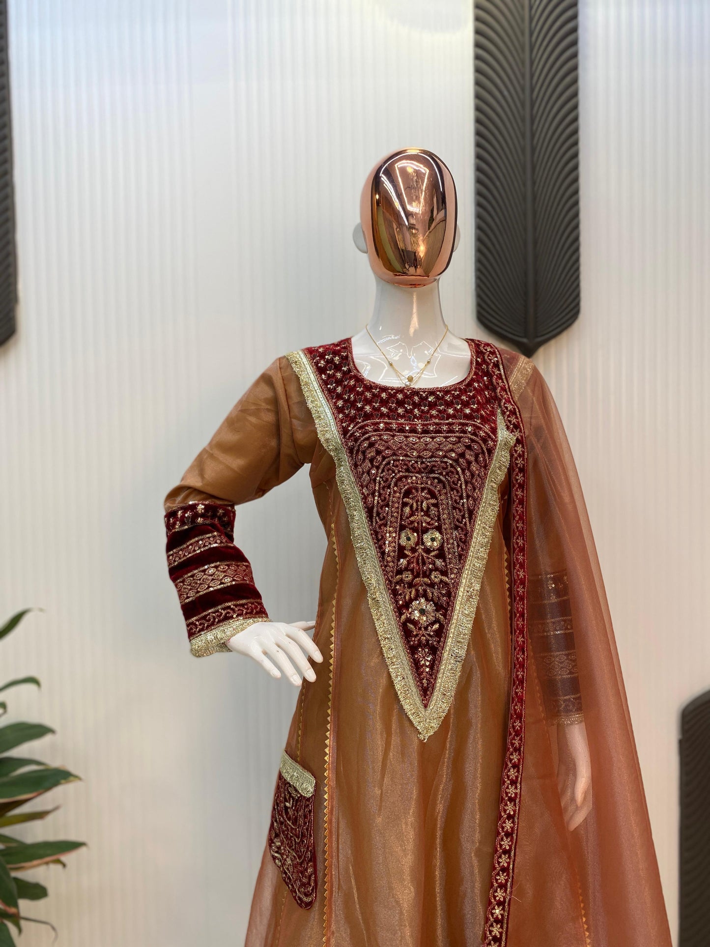 Bronze Embroidered Velvet Salwar Suit