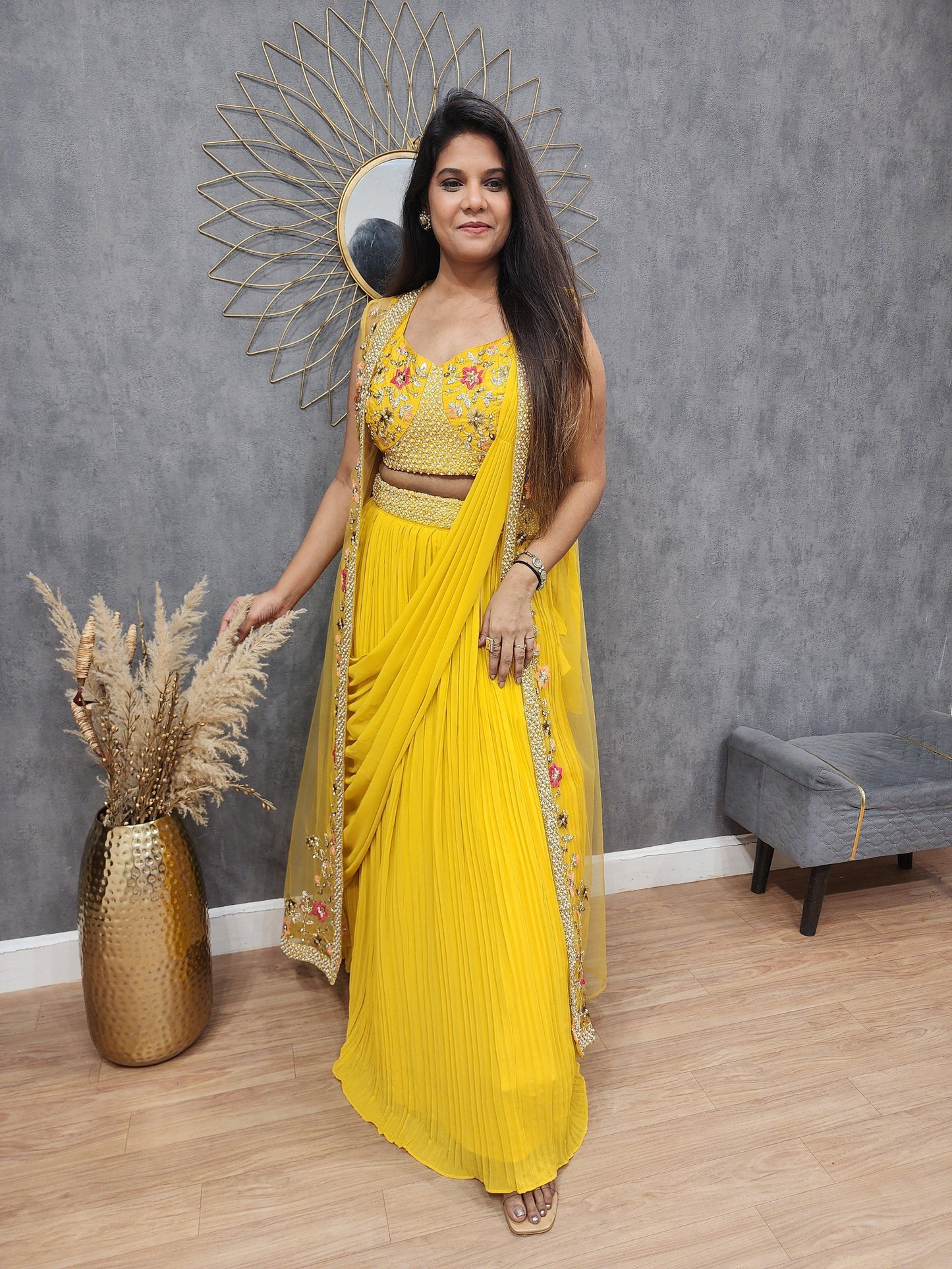 Georgette With Embroidery Western Style Ready To Wear Saree With Jacket