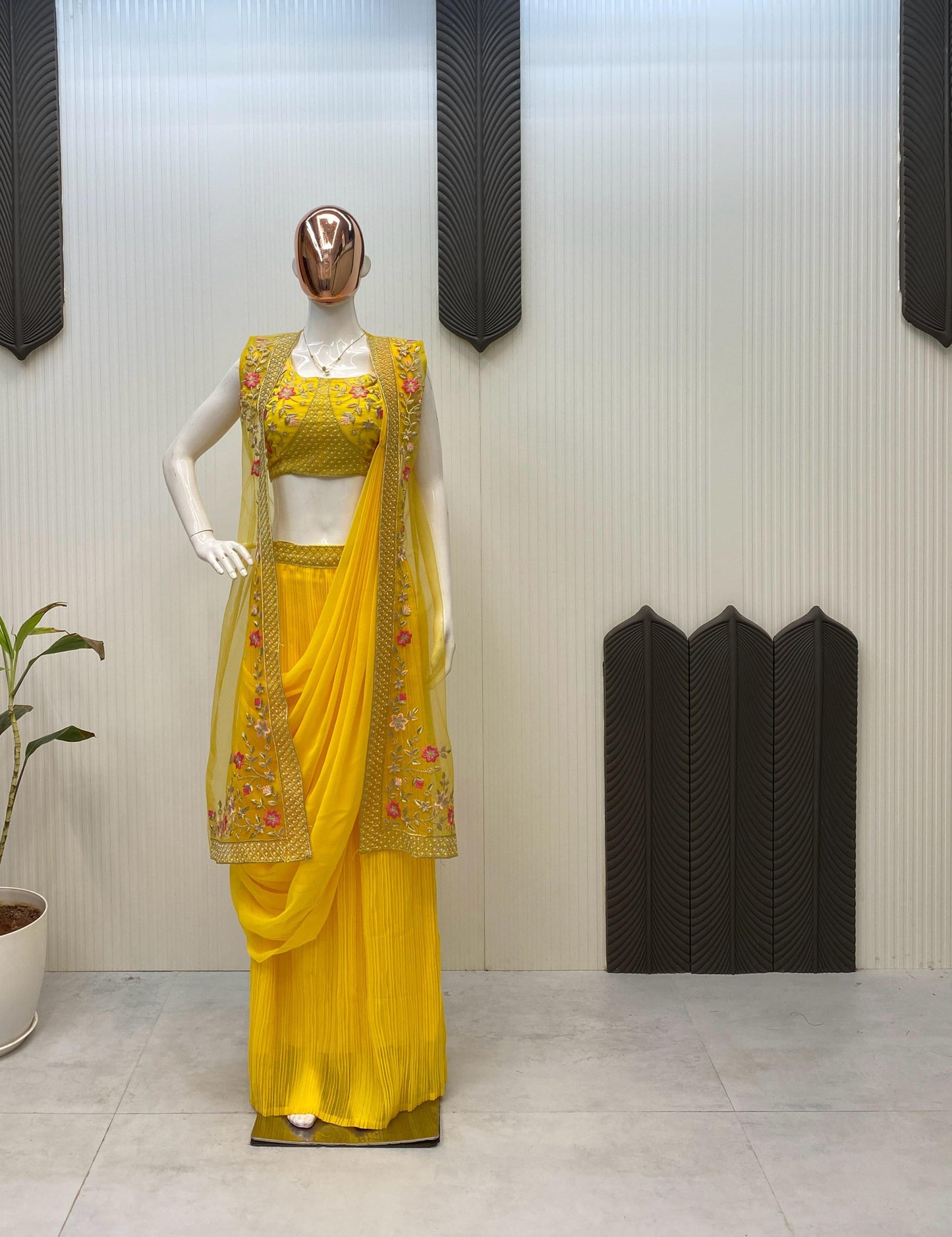 Georgette With Embroidery Western Style Ready To Wear Saree With Jacket