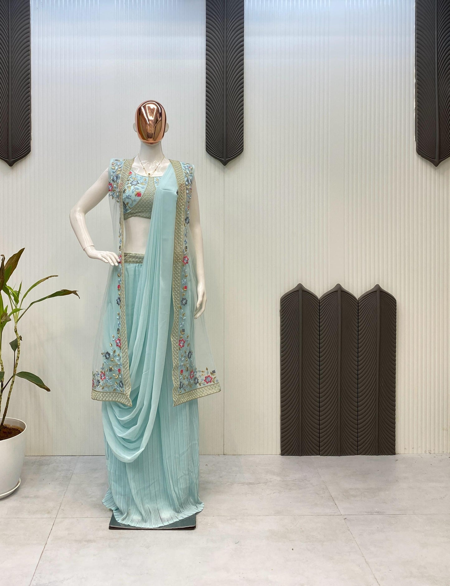 Georgette With Embroidery Western Style Ready To Wear Saree With Jacket