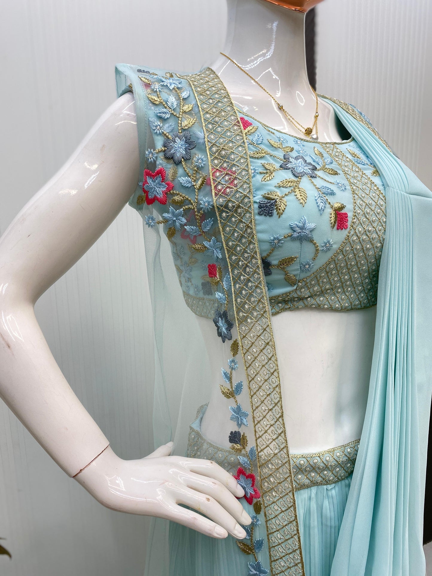 Georgette With Embroidery Western Style Ready To Wear Saree With Jacket