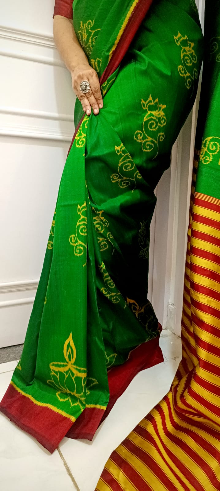 Green Muslin Saree With A Red Border & Stripes Khandua Silk Saree